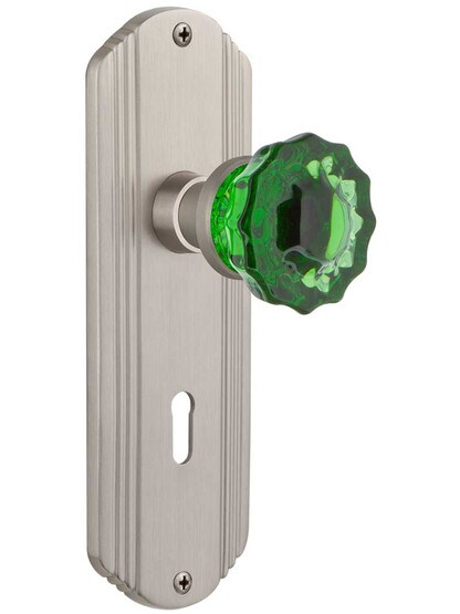 Streamline Deco Mortise Lock Set with Colored Fluted Crystal Glass Knobs Emerald in Satin Nickel.